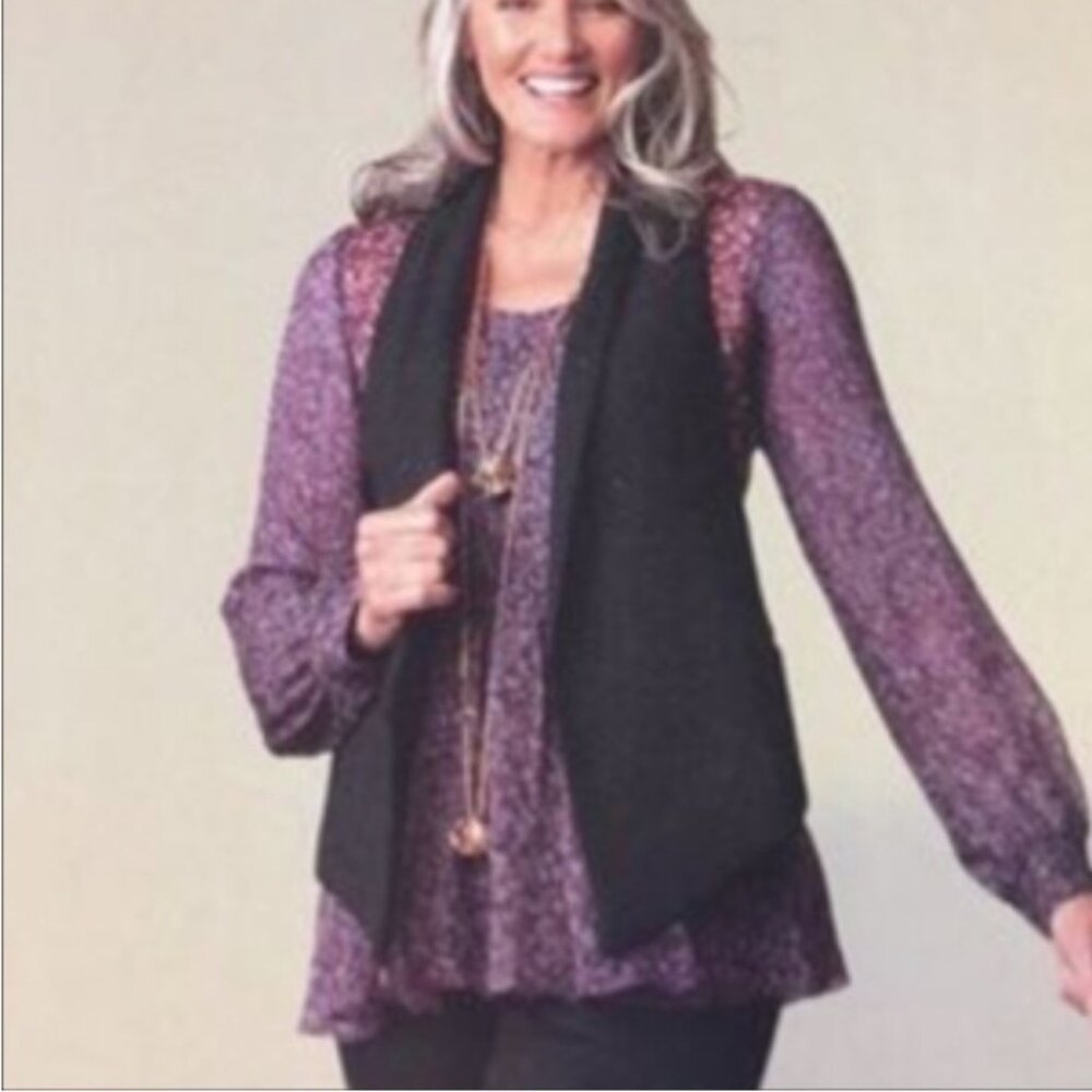 Cabi Womens Charcoal Grey Tweed Racerback Tuxedo Vest Small Graphic Print Lining